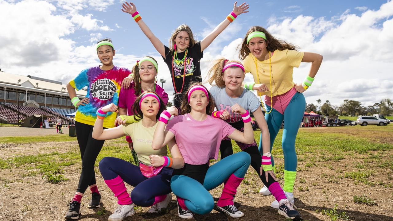 The Harristown SHS Let's Get Physical crew (from left) Mai-Lan Ruhle, Taylah Alchin (front), Taliah Asgill, Naomi Thayer (front), Mabel White, Arabella Muirden and Lihana Thayer at the Relay for Life at Toowoomba Showgrounds, Saturday, September 10, 2022. Picture: Kevin Farmer