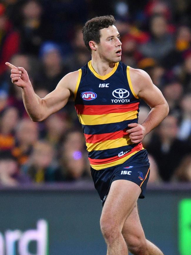 Adelaide Crows Luke Brown celebrates a goal against the  Geelong Cats at Adelaide Oval  Picture: David Mariuz/AAP