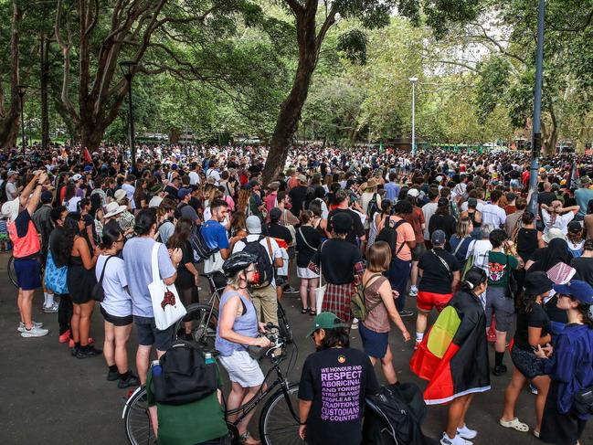 People gather as they participate in an Invasion Day protest at Belmore Park on January 26. Picture: Roni Bintang/Getty Images