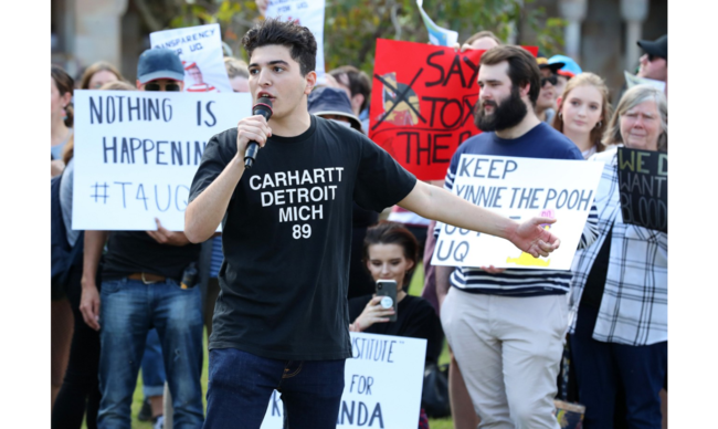 Drew Pavlou leading a university protest last year. Photo: Liam Kidston