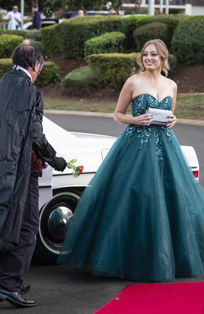 Georgianna Reisinger arrives at Mary MacKillop Catholic College formal at Highfields Cultural Centre, Thursday, November 14, 2024. Picture: Kevin Farmer