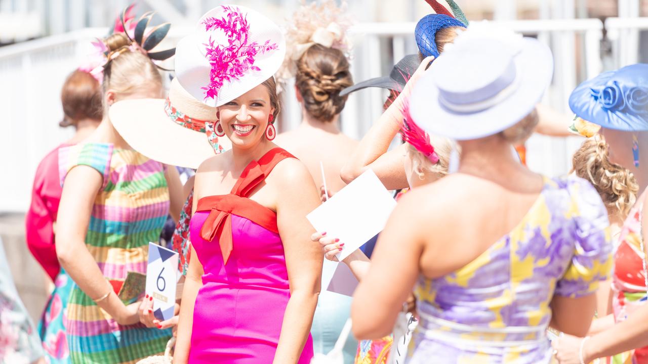 Fashions on the Field competitors lining up before the first heats. Picture: Che Chorley