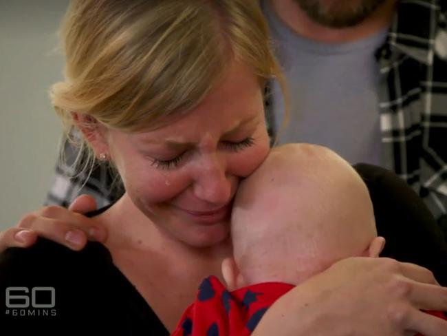 Sally Faulkner is reunited with her baby Eli. Picture: Channel 9