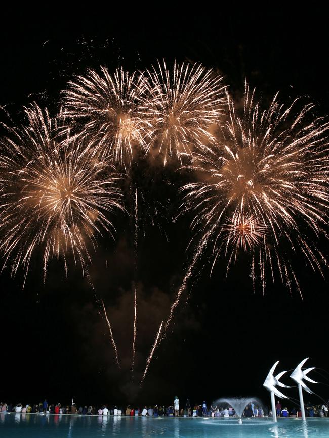 Fireworks light up the sky on New Year's Eve over the Cairns Esplanade lagoon. Picture: Brendan Radke