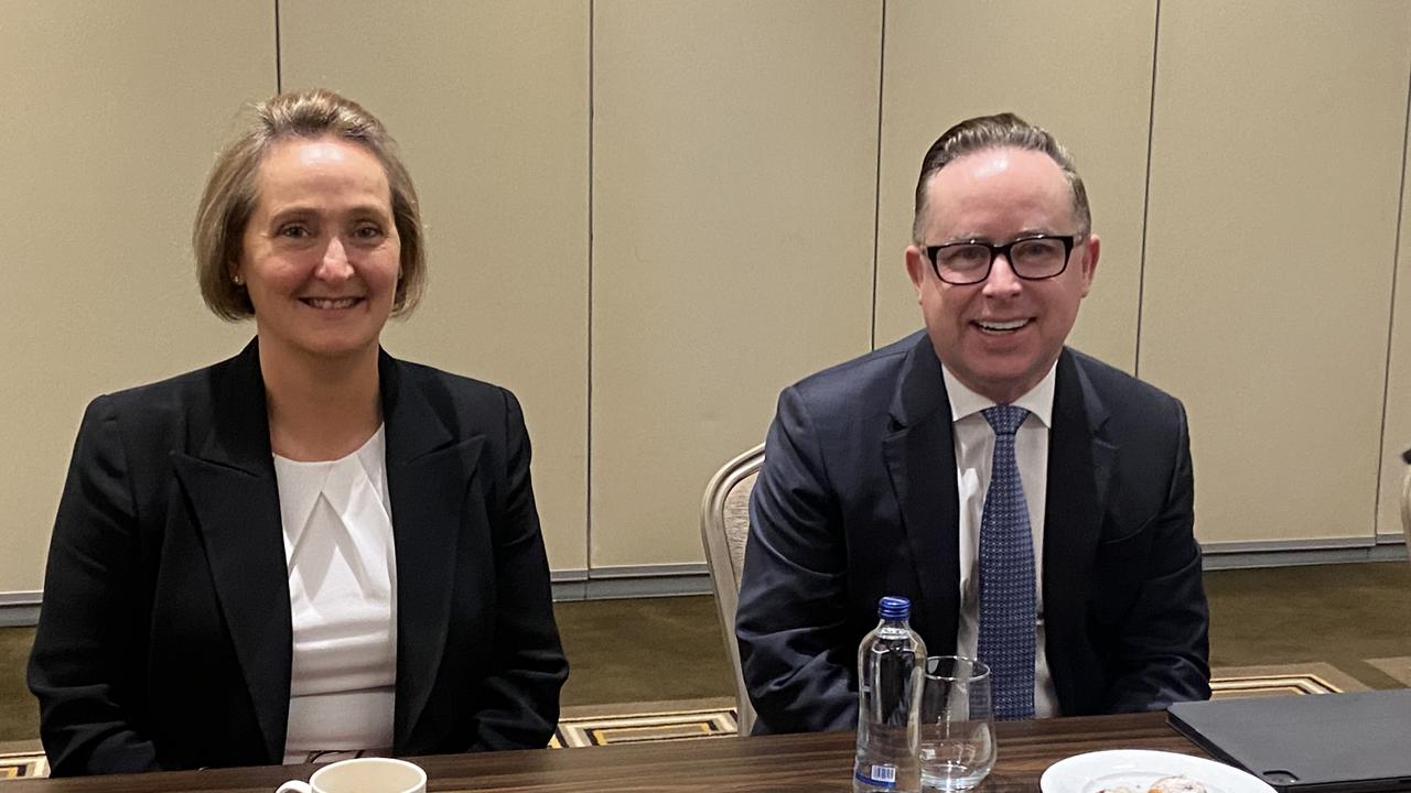 Qantas chief financial officer and CEO-designate Vanessa Hudson with current CEO Alan Joyce at the International Air Transport Association AGM in Istanbul. Picture: Robyn Ironside