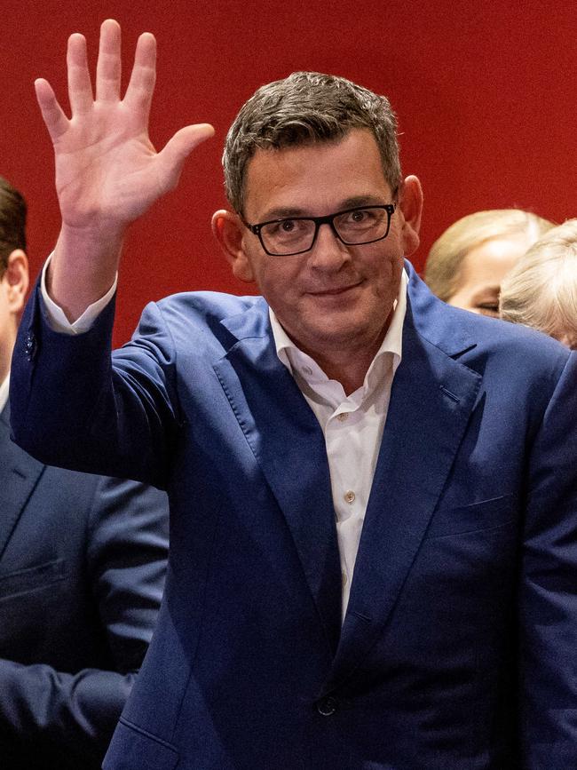 Dan Andrews celebrates winning the Victorian state election. Picture: Jake Nowakowski