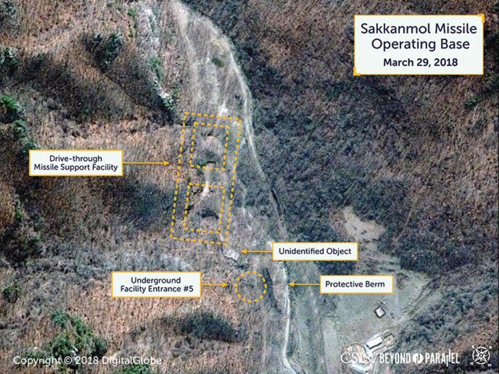 Sakkanmol is one of the closest missile sites to the demilitarised zone and to Seoul, South Korea. Picture: CSIS/Beyond Parallel/DigitalGlobe 2018