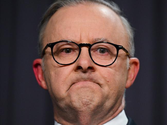 ONE TIME USE. FEES APPLY.Australian Prime Minister Anthony Albanese delivers a statement on the outcome of the Voice Referendum at Parliament House in Canberra, Saturday, October 14, 2023. Australians today voted on whether to enshrine an Indigenous voice in the country's constitution. (AAP Image/Lukas Coch) NO ARCHIVING