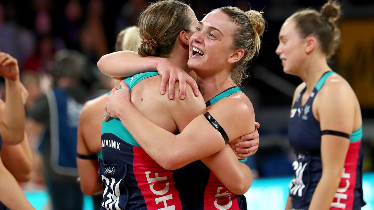 Liz Watson celebrates victory with teammates after the Vixens pulled off a great escape in their preliminary final against GWS Giants.