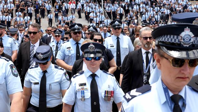 Hundreds of police officers attend the memorial service with full police honours for our fallen colleagues Constable Rachel McCrow and Constable Matthew Arnold. Picture: Steve Pohlner