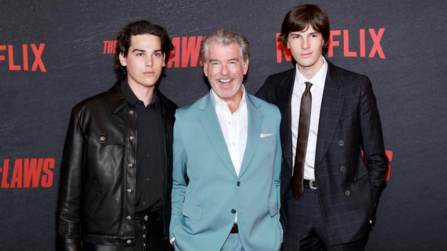 Paris Brosnan, Pierce Brosnan and Dylan Brosnan walk the red carpet together. Picture: Matt Winkelmeyer/Getty Images