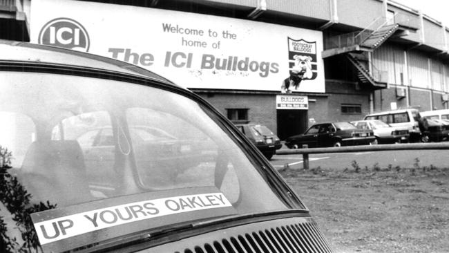 An “Up Yours Oakley” sticker on a car outside the Western Oval.