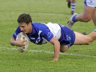 SCORING AT WILL: Grafton Ghosts' fullback Mitch Lollback dives across for his second of five tries against the Macksville Sea Eagles. Picture: Matthew Elkerton