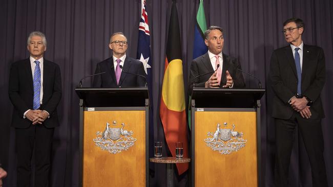 Stephen Smith, left, Anthony Albanese, Defence Minister Richard Marles and Sir Angus Houston on Wednesday in Canberra. Picture: NCA NewsWire / Gary Ramage