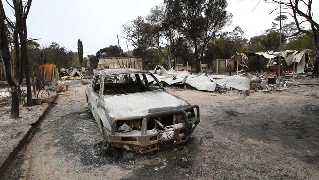 Destroyed homes in the township of Mallacoota. Picture: David Caird