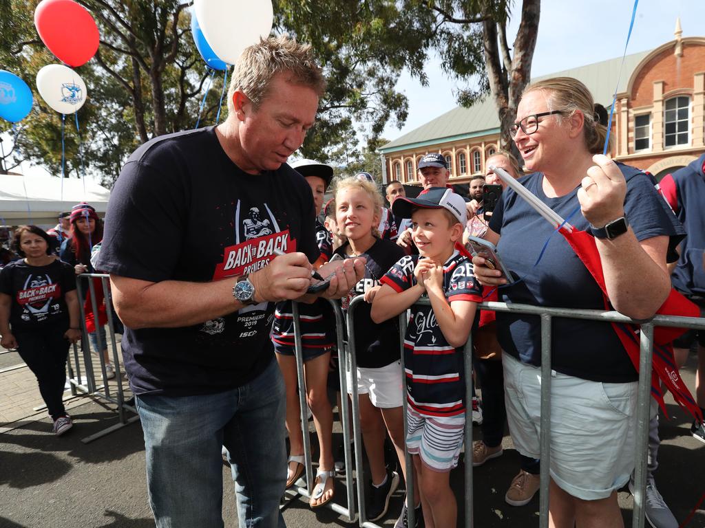 Roosters coach Trent Robinson pictured at the Sydney Roosters fan morning at Moore Park after the Roosters win in the 2019 NRL Grand Final. Picture: Richard Dobson