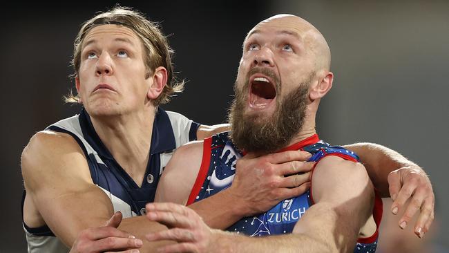 Geelong’s Rhys Stanley has some work to do, but Melbourne ruckman Max Gawn is flying in the early part of the season. Picture: Getty Images