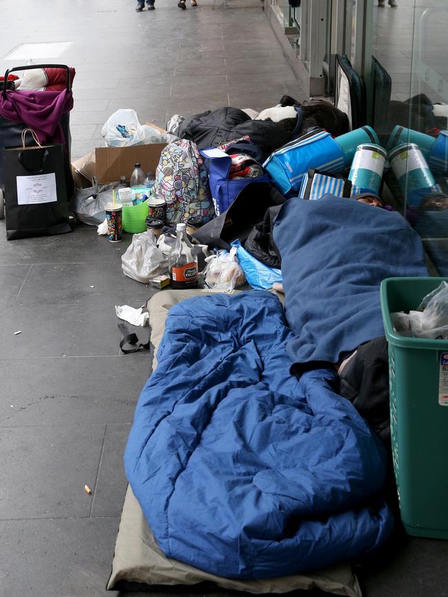 Homeless people along Elizabeth Street. Picture: Mark Wilson