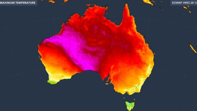 On Saturday’s heat map the funnelling of hot air from the north west to south and east can be seen. Picture: Weatherzone.