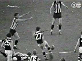 Barry Breen kicks the point in the 1966 Grand Final that gave St Kilda its first — and only — premiership. Picture: Channel 7