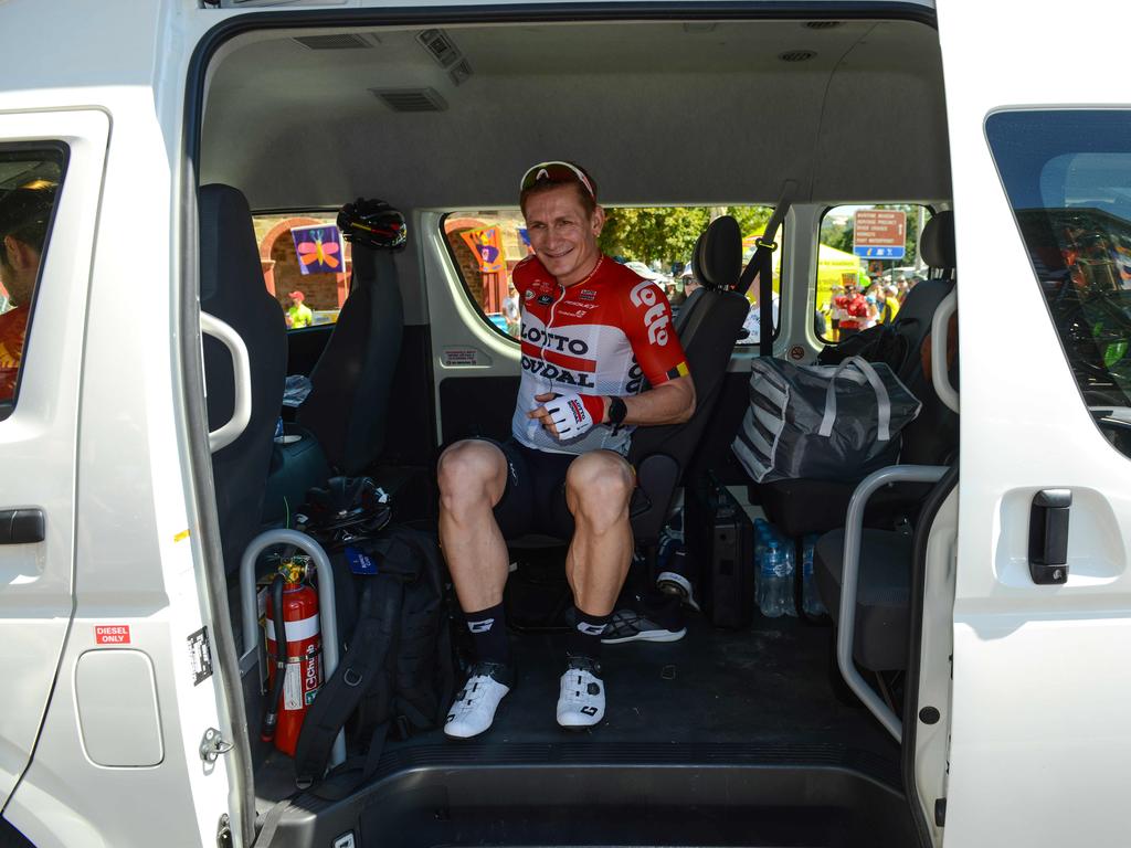 German rider Andre Greipel from Lotto Soudal relaxes in the team van prior to the start of the first day of the Tour Down Under. Brenton Edwards/AFP Photo