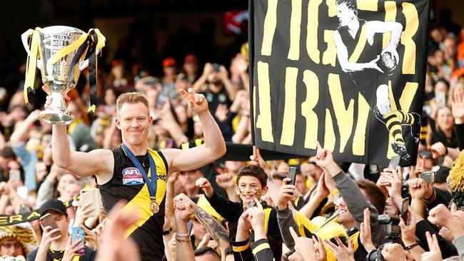 Jack Riewoldt of the Richmond Tigers celebrates his team winning the 2019 AFL Grand Final.