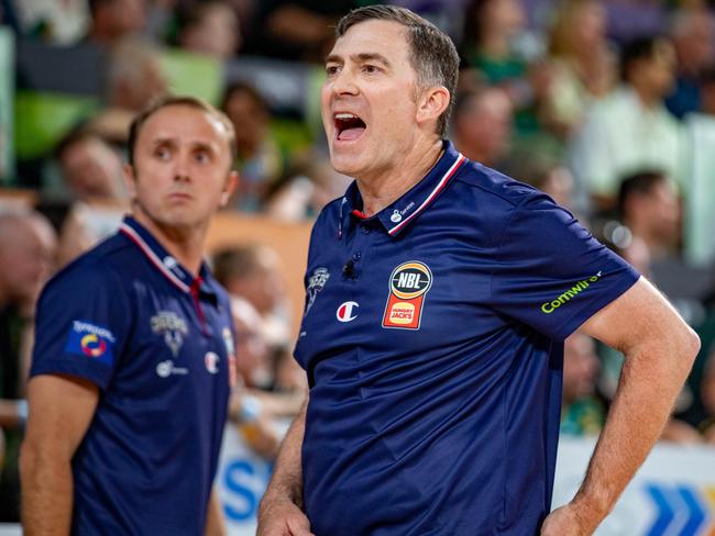 HOBART, AUSTRALIA - JANUARY 10: Adelaide 36ers head coach Mike Wells shouts instructions during the round 16 NBL match between Tasmania Jackjumpers and Adelaide 36ers at MyState Bank Arena, on January 10, 2025, in Hobart, Australia. (Photo by Linda Higginson/Getty Images)