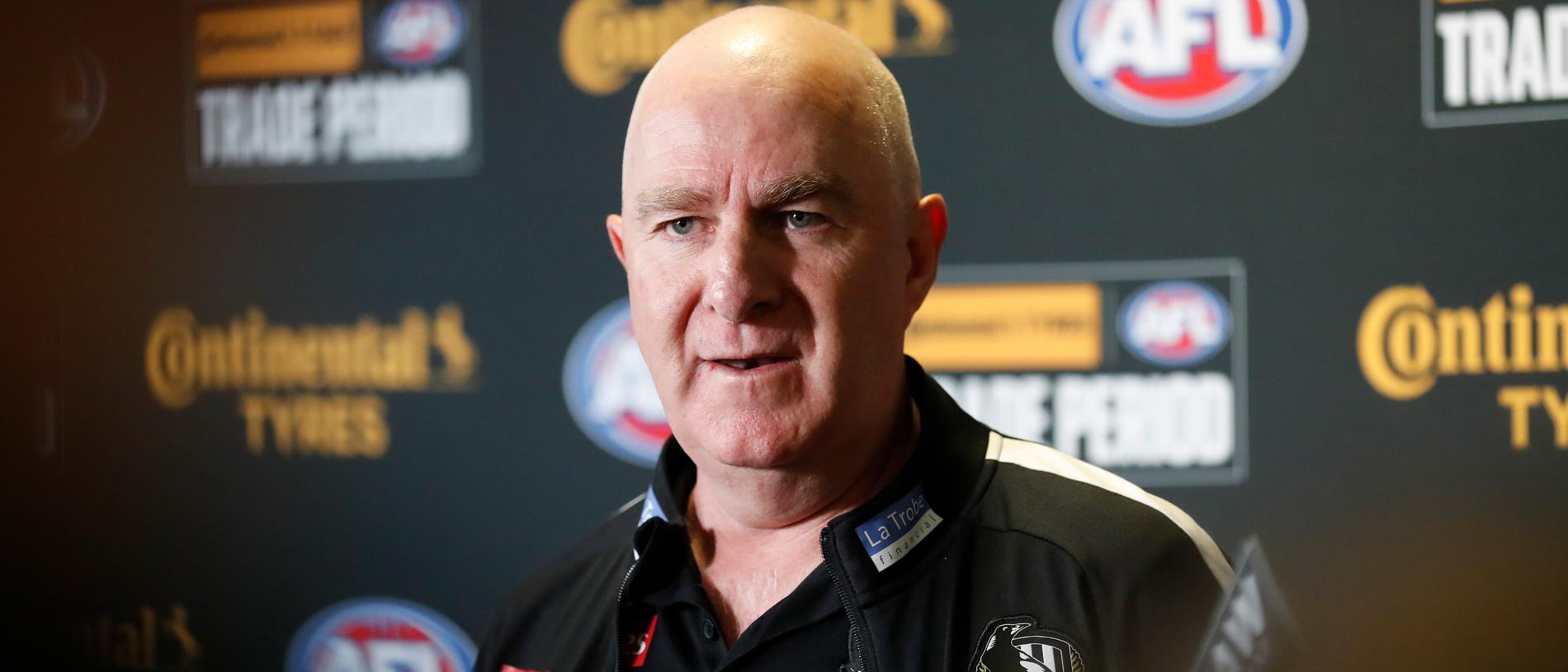 MELBOURNE, AUSTRALIA - OCTOBER 03: Graham Wright, GM of Football of the Magpies speaks with media during The 2022 Continental Tyres AFL Trade Period at Marvel Stadium on October 03, 2022 in Melbourne, Australia. (Photo by Michael Willson/AFL Photos via Getty Images)