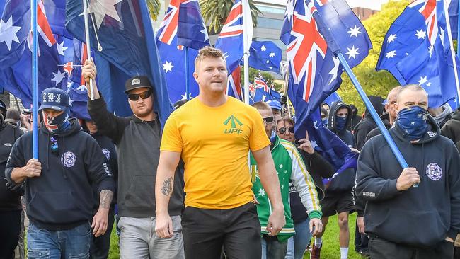 UPF leader Blair Cottrell leads a march in Melbourne. Picture: Jake Nowakowski