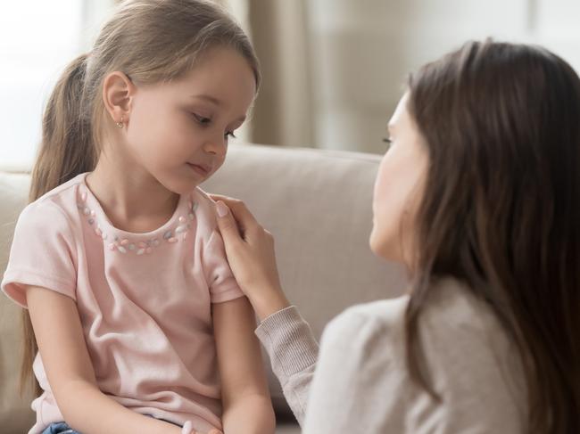 Children, mental health. Loving worried mom psychologist consoling counseling talking to upset little child girl showing care give love support, single parent mother comforting sad small sullen kid daughter feeling offended