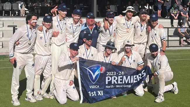 Kew celebrates its VSDCA North-West premiership.