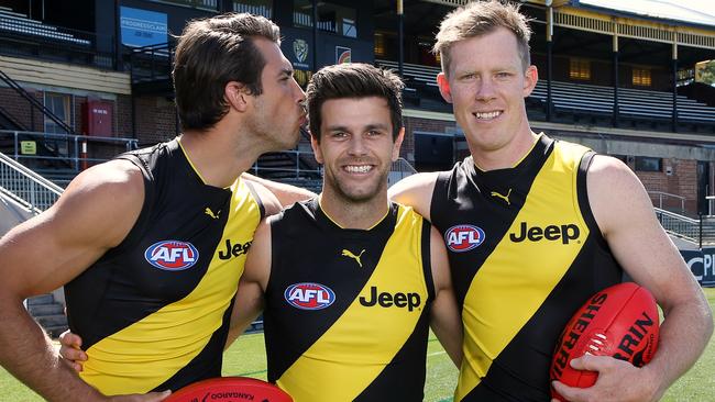 There’s a lot of love at Richmond for captain Trent Cotchin, at least from vice-captain Alex Rance. Jack Riewoldt is also part of the Tigers three-man leadership group. Picture: Wayne Ludbey