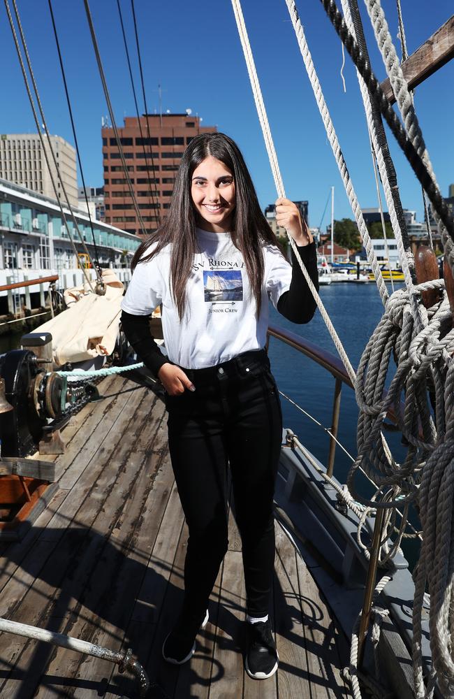 Paige Thomas 14 crew member of the SV Rhona H who were part of the flotilla to say goodbye to the Aurora Australis. Final voyage out of Hobart for the Aurora Australis. Picture: NIKKI DAVIS-JONES