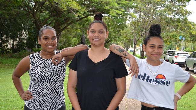 Ataya Pearson, 18, Mara Sewter, 19, and Nahlani Ah Kit, 18, check out the James Cook University campus where they will be studying this year.