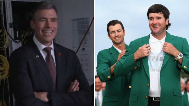 Matthew Richardson reacts to the ribbing from Bubba Watson, seen here winning his second green jacket in 2014. Photos: Channel 7/Getty Images