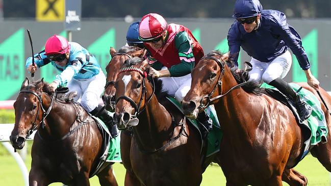 Kimochi (centre) steps up to 2000m for the first time in the Group 1 Vinery Stud Stakes at Rosehill on Saturday. Picture: Jeremy Ng/Getty Images