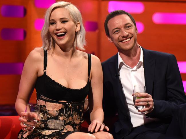 Jennifer Lawrence and James McAvoy during filming of the Graham Norton Show. Picture: PA Images/AAP