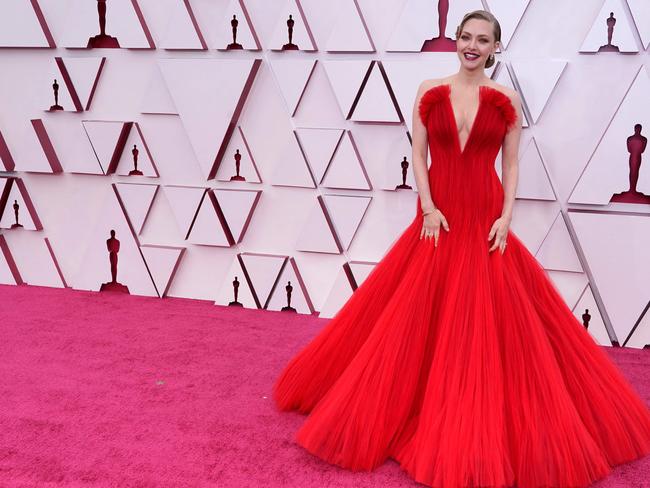 Amanda Seyfried, nominated for an Academy Award for Actress in a Supporting Role for her performance in "Mank" arrives at the Oscars on April 25, 2021, at Union Station in Los Angeles. (Photo by Chris Pizzello / POOL / AFP)