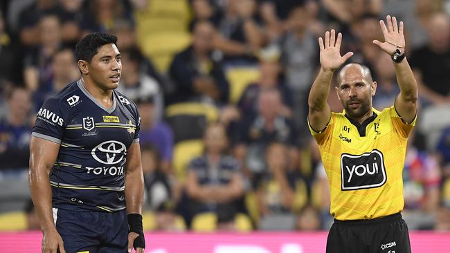 Jason Taumalolo was sent to the sin-bin for making contact with the head of an opponent on Thursday night. Picture: Ian Hitchcock/Getty Images