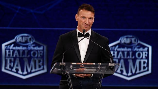 Brent Harvey speaks during his induction into the Australian Football Hall of Fame. Picture: AFL Photos/Getty Images