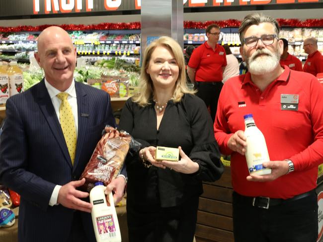 Premier Peter Gutwein, Liberal MP Madeleine Ogilvie and Cole regional manager John Carrington at a brand launch in New Town on Thursday, November 18, 2021.