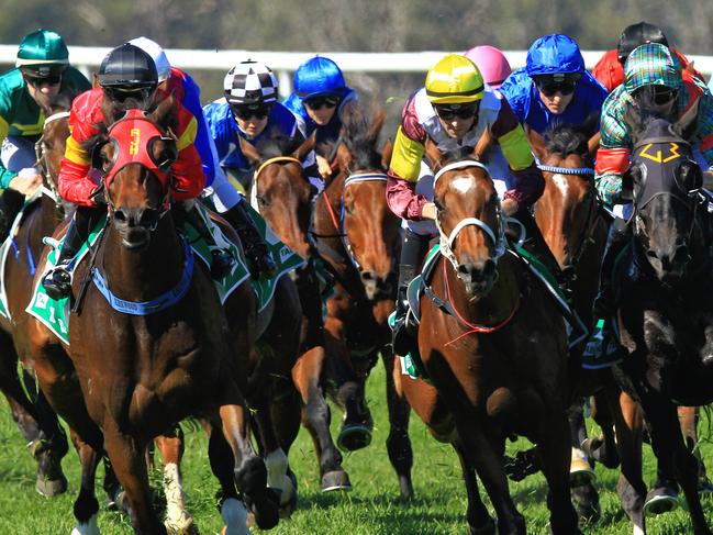 Loving home ridden by Tye Angland  (yellow cap, maroon with yellow armbands) wins race 1 during Scone  Races located in the Upper Hunter Region of NSW. The Bend . Pic Jenny Evans