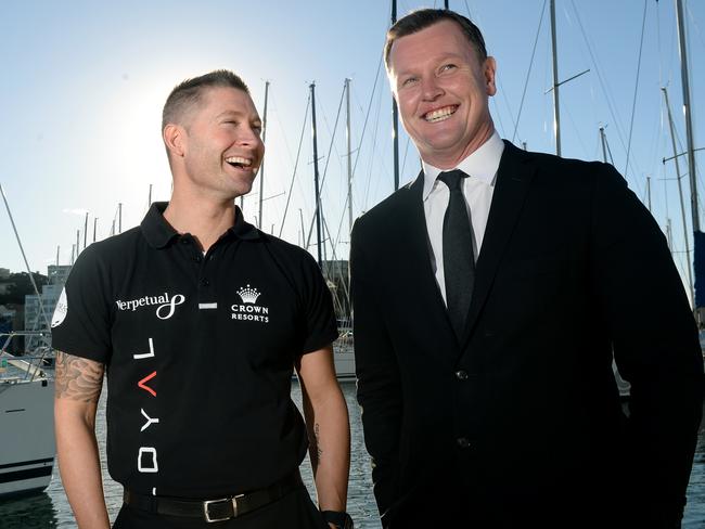 Michael Clarke and Anthony Bell together in happier times. Picture: AAP Image/Dan Himbrechts