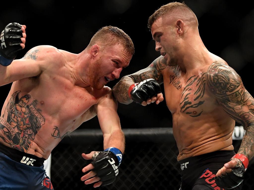 Matthews fights on the prelims to Justin Gaethje (L) and Dustin Poirier’s (R) blockbuster rematch. Picture: Jennifer Stewart/Getty Images