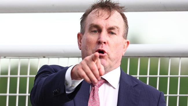 SYDNEY, AUSTRALIA - DECEMBER 26: Trainer John O'Shea celebrates after Tyler Schiller riding Lion's Roar wins Race 7 Schweppes Summer Cup during Sydney Racing at Royal Randwick Racecourse on December 26, 2023 in Sydney, Australia. (Photo by Jeremy Ng/Getty Images)