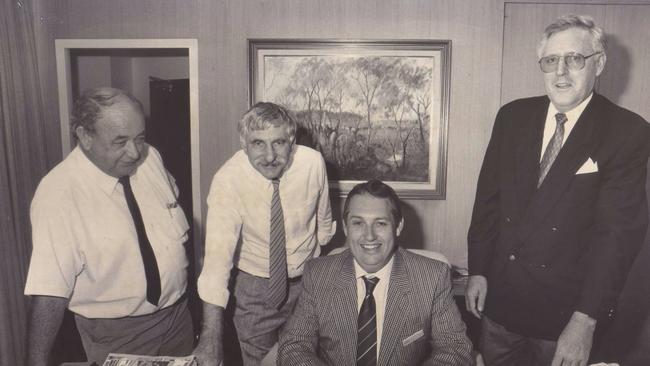 Brian Morrison, Pat Zarro, Mayor Lex Bell and Gunter Niebergall met to discuss the tower on April 28, 1988, just a month after Cr Bell was elected. Picture: Theo Fakos