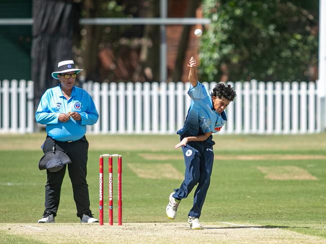 Arhan Shah bowls. Picture: Julian Andrews. AW Green Shield round two. Mosman vs Parramatta at Allan Border Oval, 19 December 2024.