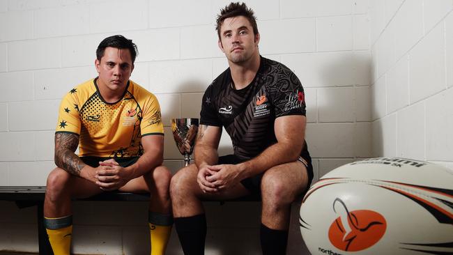 Australian player Nigel Maher with New Zealand player Bryn Templeman ahead of Anzac Test at Marrara tonight. Picture: Keri Megelus