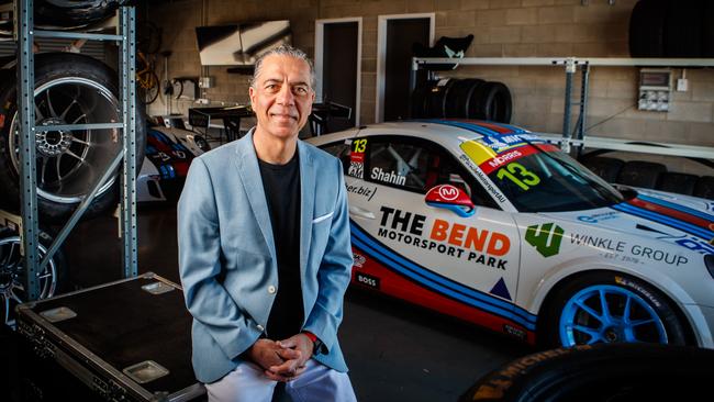 Dr Sam Shahin in his garage at The Bend Motor Sport Park in Tailem Bend. Picture: Matt Turner