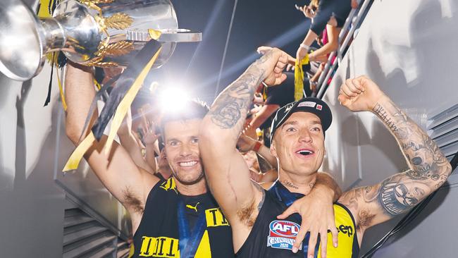 Trent Cotchin and Dustin Martin after winning the 2020 premiership at the Gabba. Picture: Michael Klein